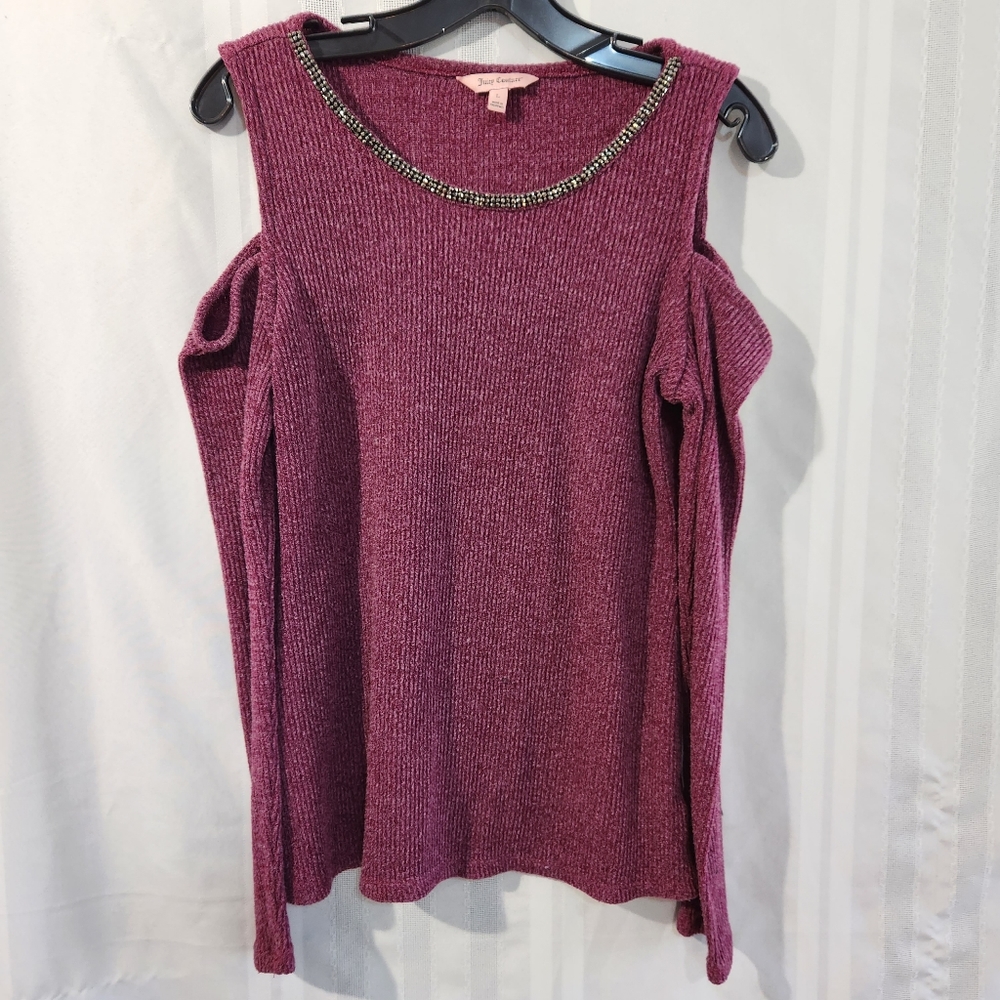 JUICY COUTURE BURGUNDY COLD SHOULDER SWEATER RIBBED SIZE LARGE